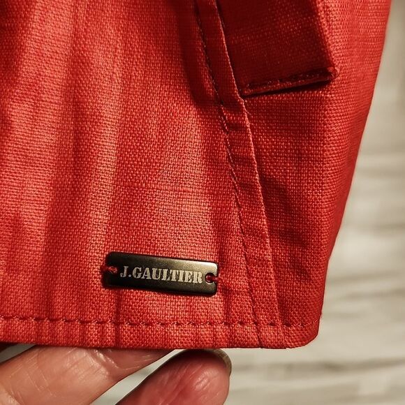 NWOT Junior Gaultier red waxed linen double breasted high-low jacket. - Picture 4 of 12